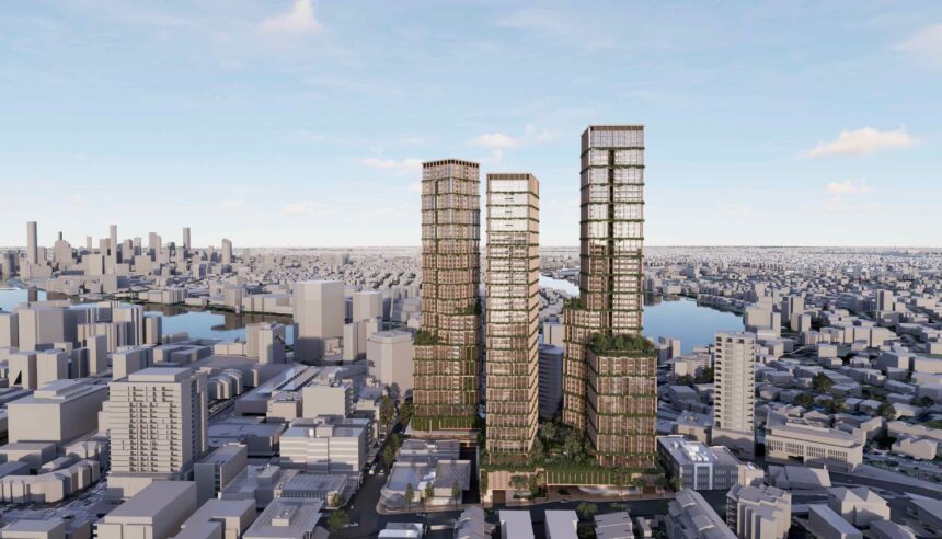 Architectural rendering of the external built form of the proposed Toowong Central precinct.