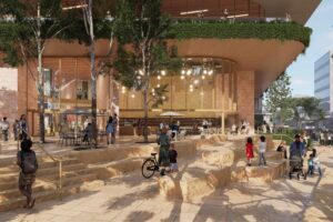 Architectural rendering of the landscaped open space within the Toowong Central precinct.