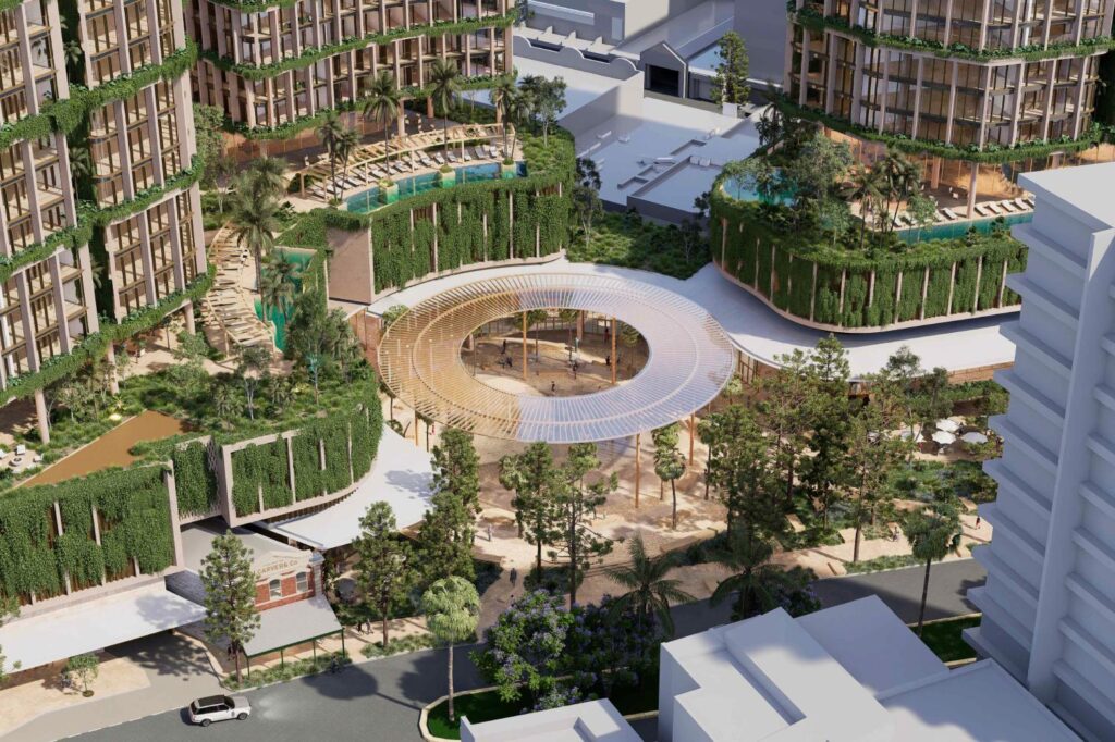 Architectural rendering of the public plaza and landscaped open space within the Toowong Central precinct.