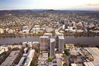 Architectural rendering of the six-tower skyline of the proposed Riverside Lane project viewed from the Brisbane River.