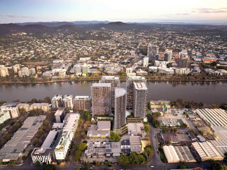 Architectural rendering of the six-tower skyline of the proposed Riverside Lane project viewed from the Brisbane River.