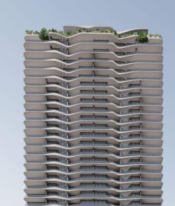 Architectural rendering of the external built form of the proposed Riverside Lane project.