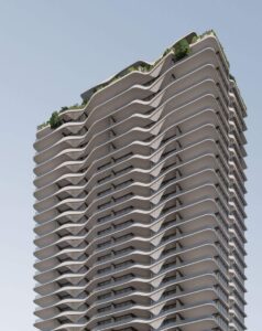 Architectural rendering of the external built form of the proposed Riverside Lane project.