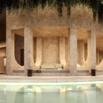 Architectural rendering of the indoor pool retreat with stone alcoves at Teneriffe Banks.