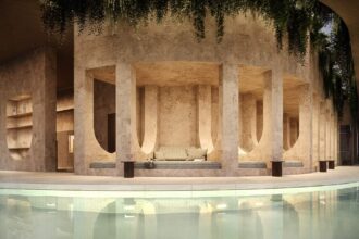 Architectural rendering of the indoor pool retreat with stone alcoves at Teneriffe Banks.