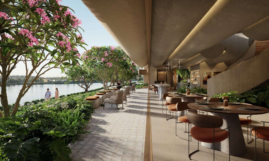 Architectural rendering of the riverfront dining terrace and walkway at Teneriffe Banks.
