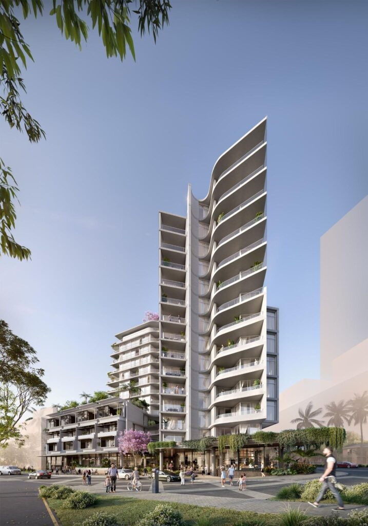 Architectural rendering of the external built form of the proposed River Terrace project, Tweed Heads.