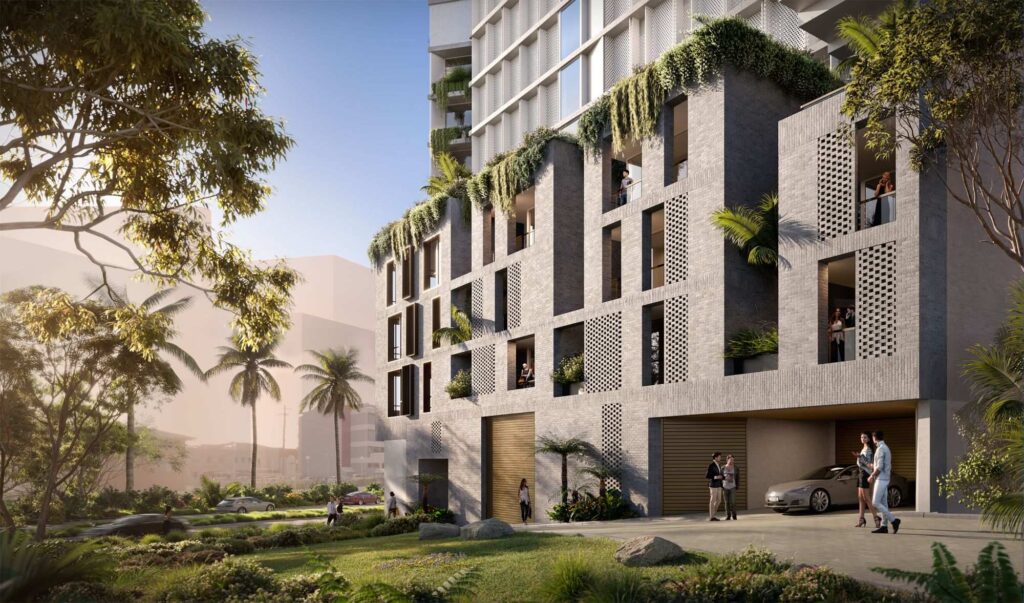 Architectural rendering of the landscaped podium interface of the proposed River Terrace project, Tweed Heads.