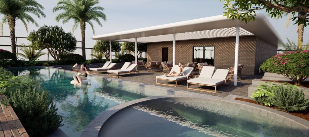 Architectural rendering of the rooftop communal terrace of the Carl Street development