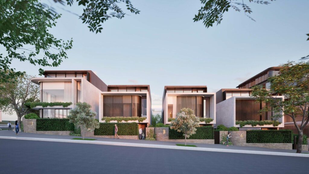 Architectural rendering of the Bowen Terrace frontage showing townhouse dwellings and recessed upper apartment levels at 424 Bowen Terrace