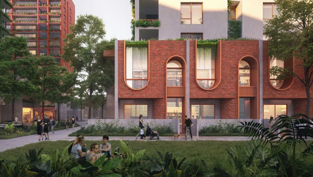 Architectural rendering of the proposed built form and building massing of Bakery Square
