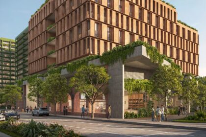 Architectural rendering of residential towers within the proposed Bakery Square project