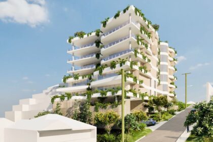 Architectural rendering of the external built form of the proposed Taringa Apartments project viewed from Adsett Street