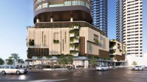 Architectural rendering of the podium level activation and retail frontage of the proposed 309 North Quay project.