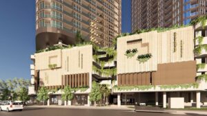 Architectural rendering of the podium level activation and retail frontage of the proposed 309 North Quay project.