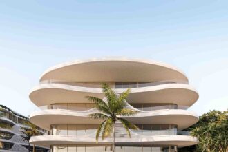 Architectural rendering of the external built form of the proposed Nalu project at 122–130 Marine Parade, Miami.