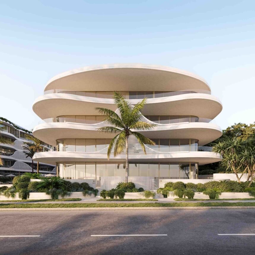 Architectural rendering of the external built form of the proposed Nalu project at 122–130 Marine Parade, Miami.