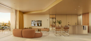 Architectural rendering of the living and dining area of the proposed The Frederick project with views towards the Gold Coast skyline