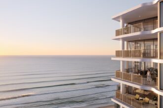 Architectural rendering of the Hamilton Avenue tower exterior showing ocean-facing elevation