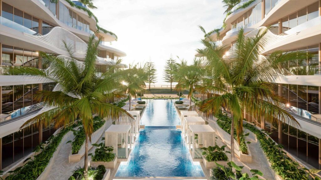 Architectural rendering of the resort style pool and cabana area within the proposed Nalu project at 122–130 Marine Parade, Miami.