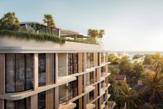 Architectural rendering of the building façade of The Frederick project highlighting the rooftop greenery and soft architectural curvature