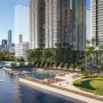 Architectural rendering of the proposed Visy Site Redevelopment showing the planned riverfront promenade and pool area.