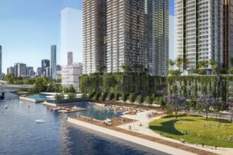 Architectural rendering of the proposed Visy Site Redevelopment showing the planned riverfront promenade and pool area.