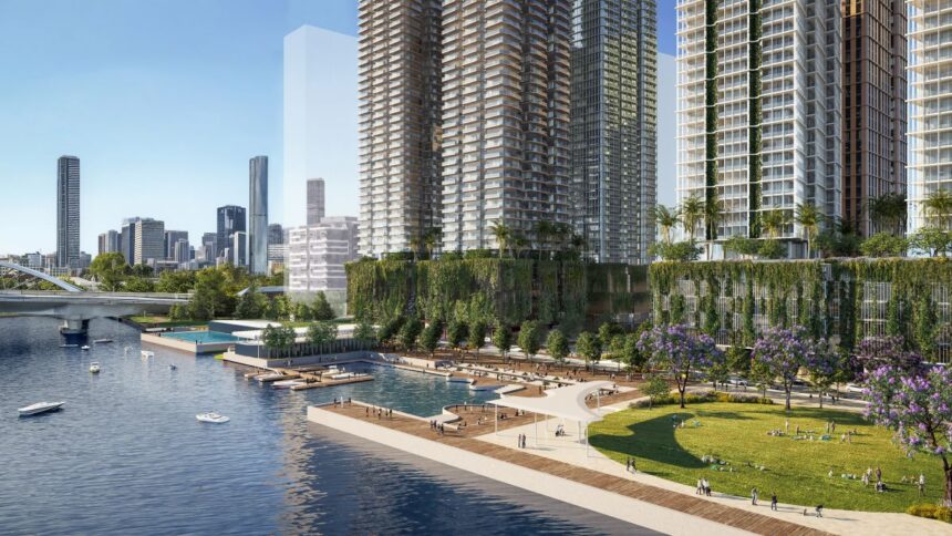 Architectural rendering of the proposed Visy Site Redevelopment showing the planned riverfront promenade and pool area.