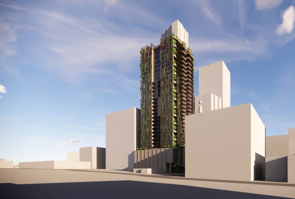 Architectural rendering of the external built form of the proposed Manning Street Residences project, showing the mirrored twin-tower configuration viewed from Manning Street.