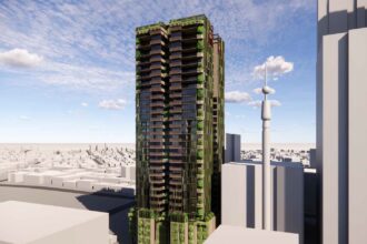 Architectural rendering of the external built form of the proposed Manning Street Residences project, showing the mirrored twin-tower configuration viewed from Manning Street.