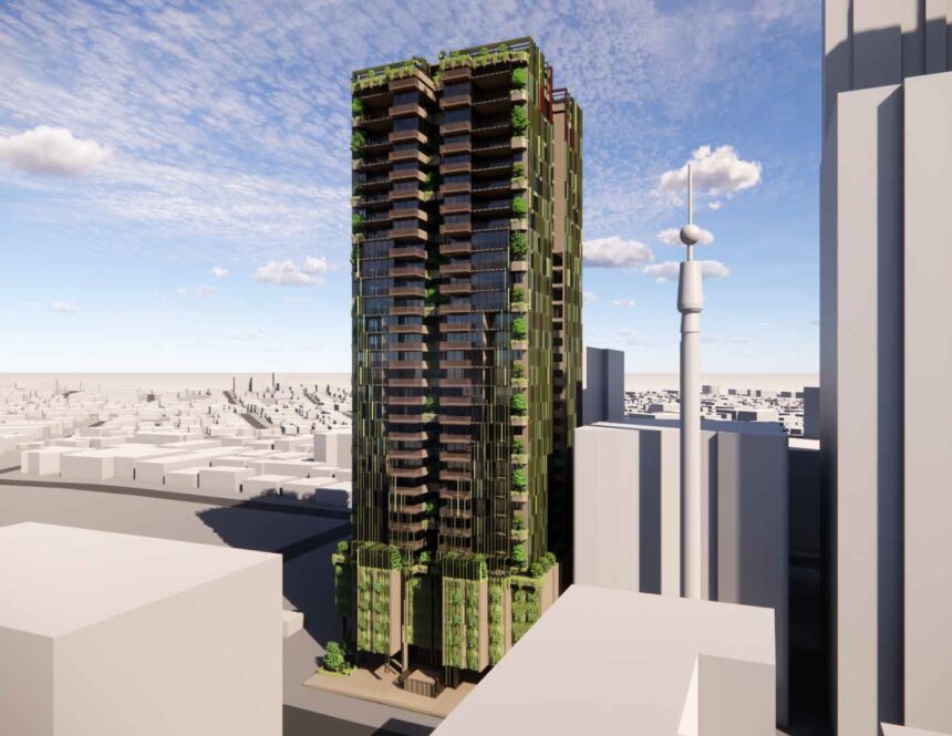 Architectural rendering of the external built form of the proposed Manning Street Residences project, showing the mirrored twin-tower configuration viewed from Manning Street.