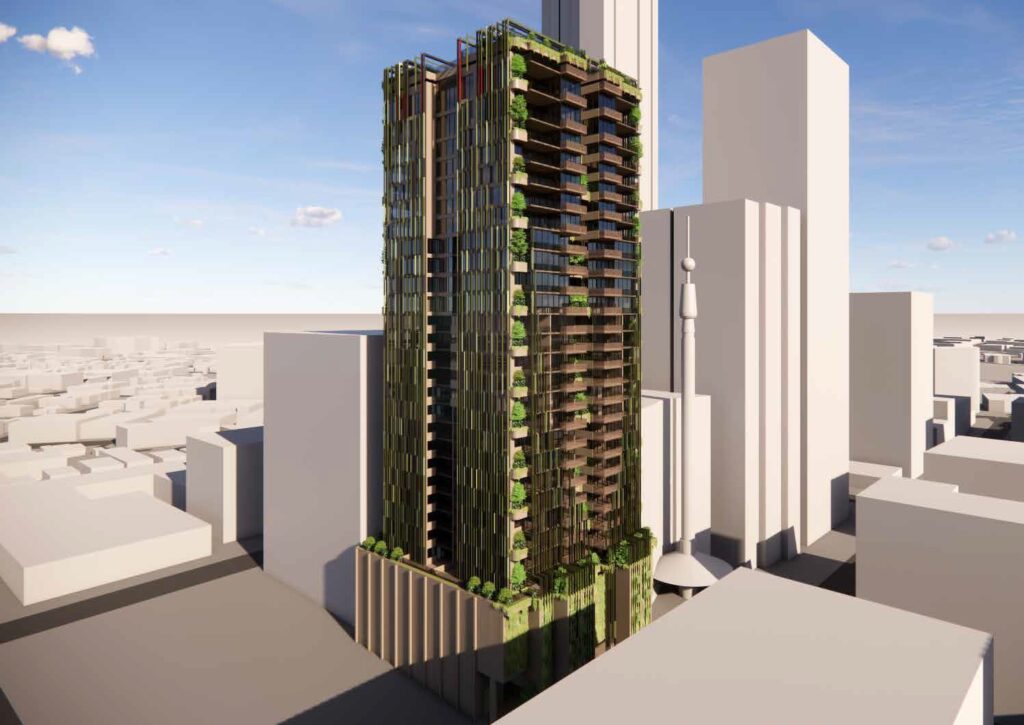 Architectural rendering of the external built form of the proposed Manning Street Residences project, showing the mirrored twin-tower configuration viewed from Manning Street.