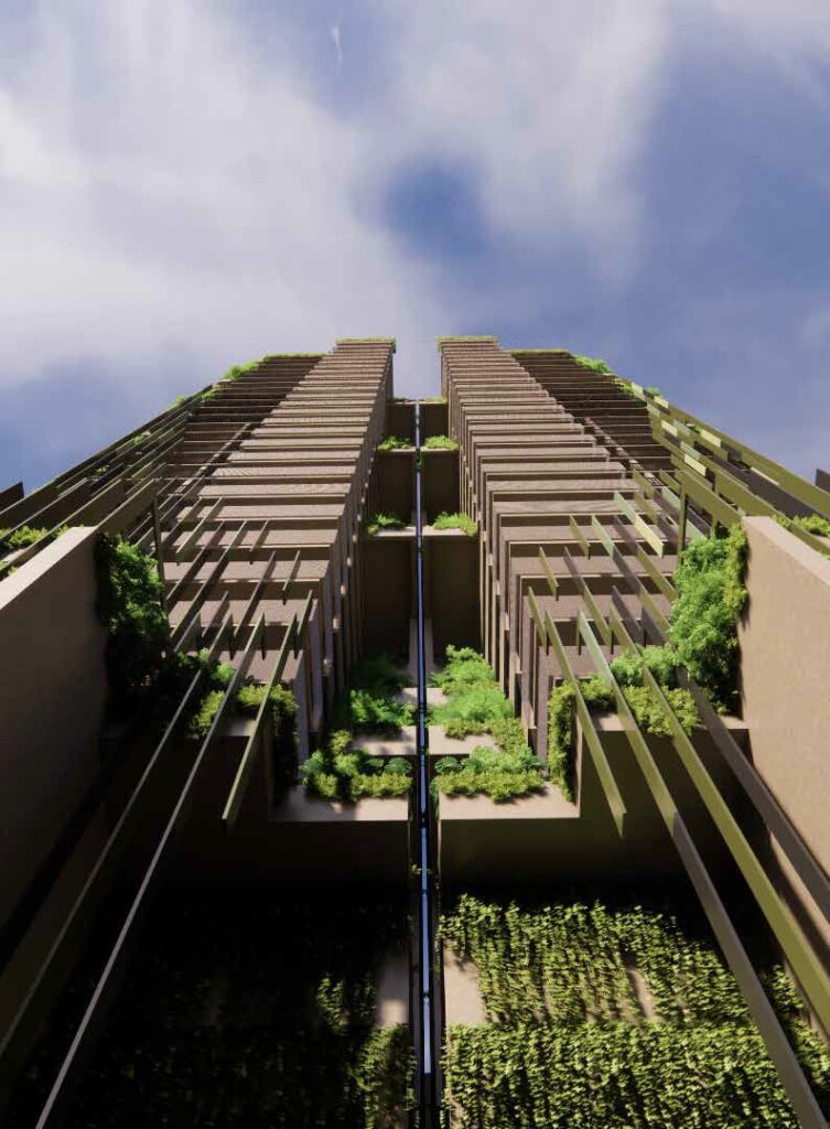 Architectural rendering of the podium of the proposed Manning Street Residences project, showing the sculptural façade screening, vertical greenery and landscaped planters that conceal above-ground parking levels.