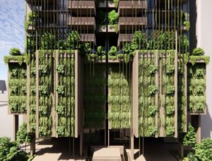 Architectural rendering of the podium of the proposed Manning Street Residences project, showing the sculptural façade screening, vertical greenery and landscaped planters that conceal above-ground parking levels.