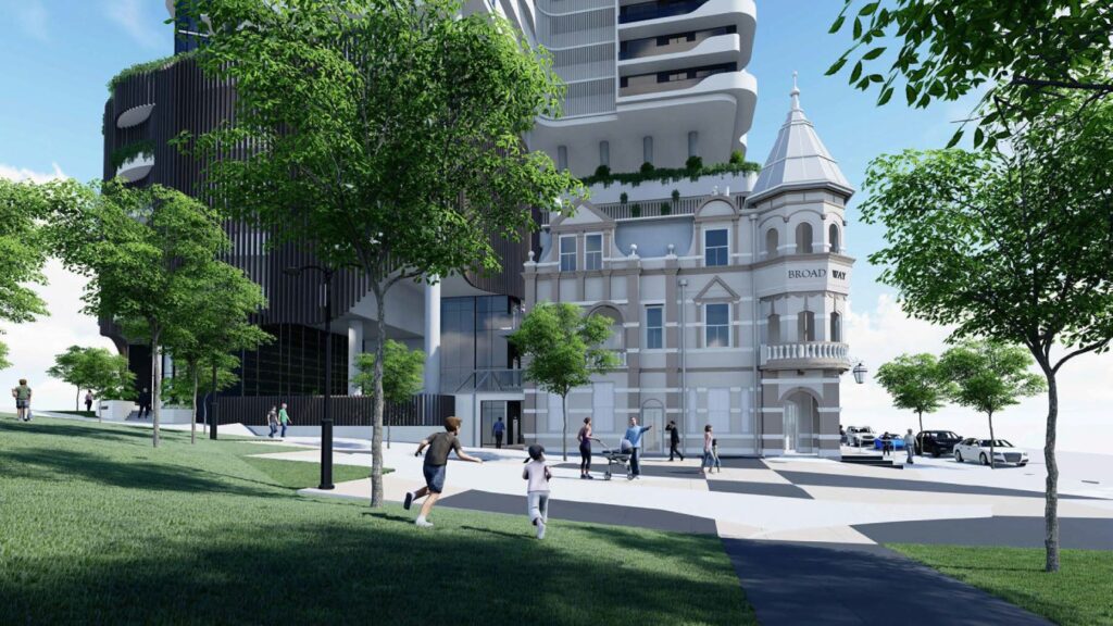 Architectural rendering of the external built form of the proposed Broadway Hotel redevelopment project.