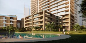 Architectural rendering of the ground floor interface and publicly accessible spaces of the proposed 47 Skyring Terrace project.