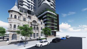 Architectural rendering of the external built form of the proposed Broadway Hotel redevelopment project.