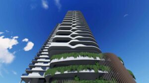 Architectural rendering of the external built form of the proposed Broadway Hotel redevelopment project.