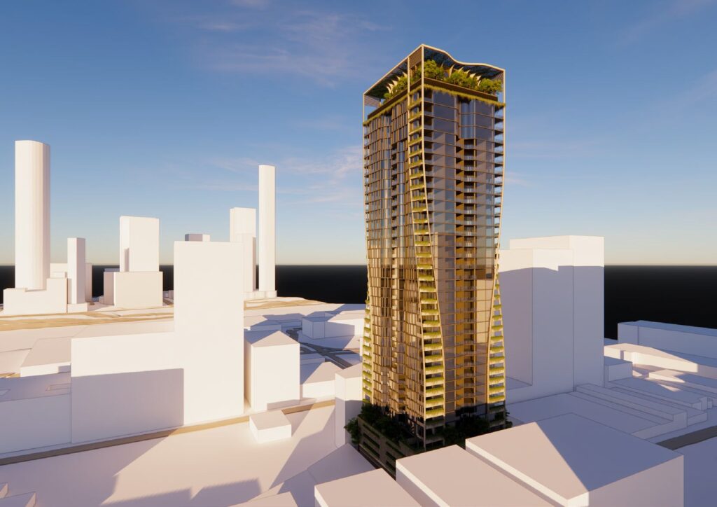 Architectural rendering of the external built form of the proposed Peel Street Residences project.