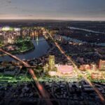 Architectural rendering of the proposed Gabba Entertainment Precinct showing the new indoor arena and surrounding mixed-use development integrated with Brisbane’s skyline and river network.