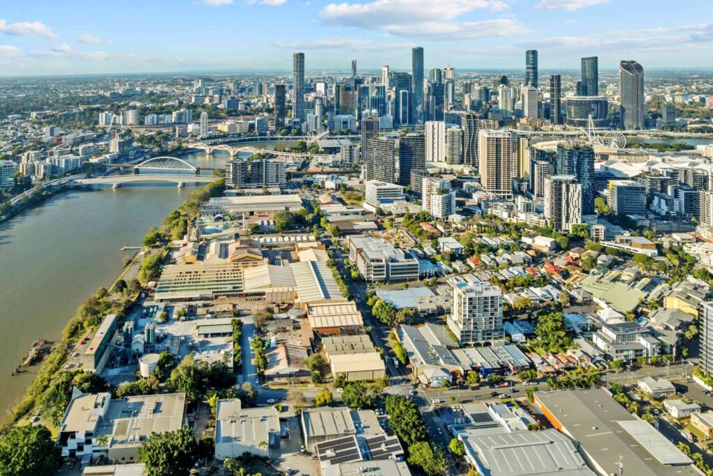 Aerial view of South Brisbane and West End showing the location of 176 Montague Road within the riverfront precinct.