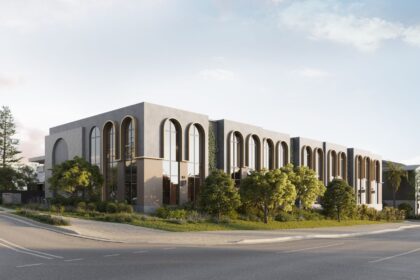 Architectural rendering of the external built form of the proposed Future Space Windsor project, showing the full corner elevation and landscaped frontage.