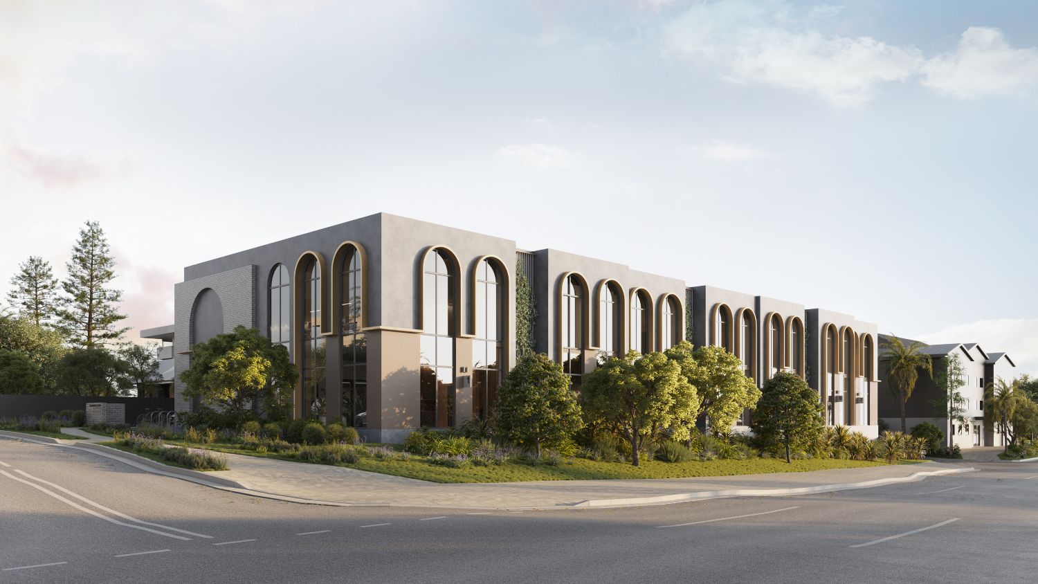 Architectural rendering of the external built form of the proposed Future Space Windsor project, showing the full corner elevation and landscaped frontage.