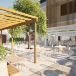 Architectural rendering of the proposed Alfi Eatery and Bar project showing the outdoor courtyard and al fresco dining area.