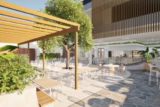 Architectural rendering of the proposed Alfi Eatery and Bar project showing the outdoor courtyard and al fresco dining area.