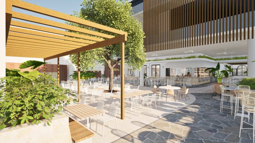 Architectural rendering of the proposed Alfi Eatery and Bar project showing the outdoor courtyard and al fresco dining area.