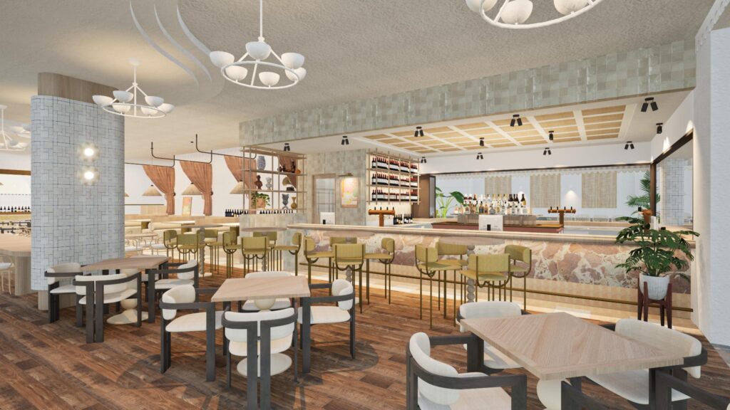 Architectural rendering of the internal dining room of the proposed Alfi Eatery and Bar project featuring the central bar and lounge seating.