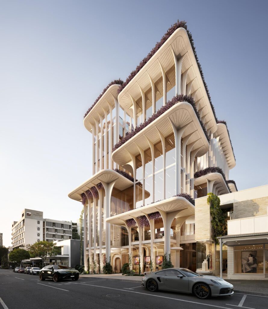 Architectural rendering of the proposed James Street Pavilion project viewed from street level highlighting its column structure.