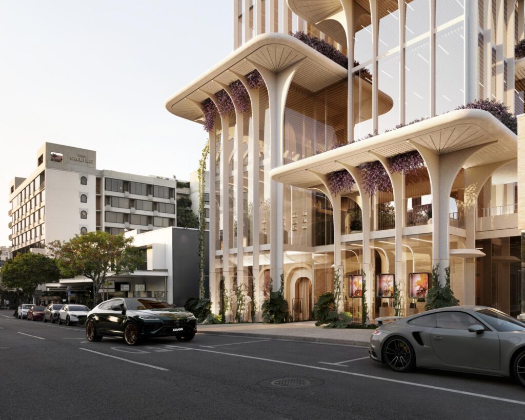 Architectural rendering of the external built form of the proposed James Street Pavilion project from the street corner perspective.