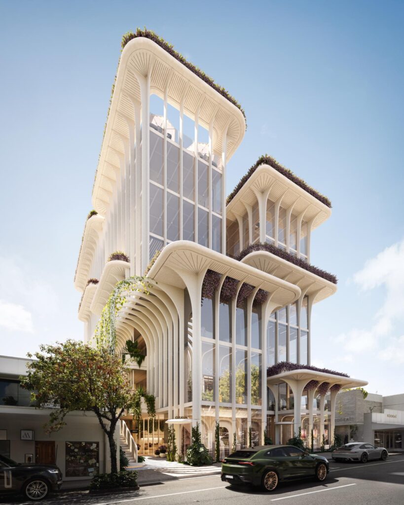 Architectural rendering of the proposed James Street Pavilion development showcasing its tiered architectural form.